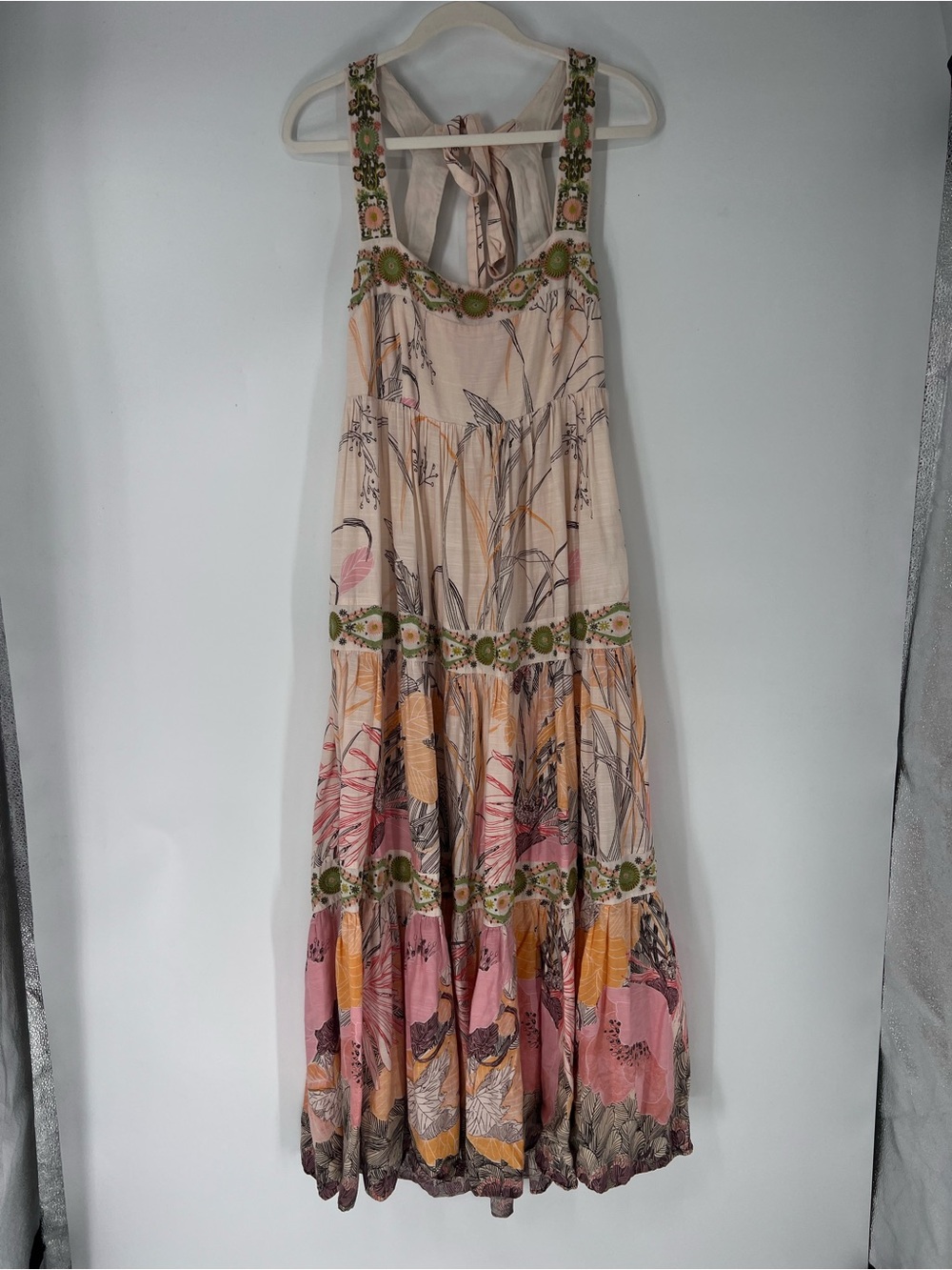Anthropologie Floral Tiered Adjustable Bow Embroidered Floral Maxi Dress LP